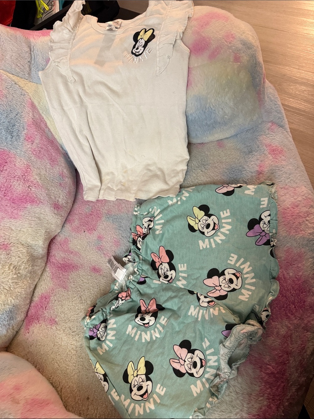 Disney Girls Mint Green Minnie Print Shorts with Cream Ruffle Top